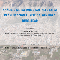 Reproduce el vídeo Conferencia 3: ¿Análisis de factores sociales en la planificación turística: género y ruralidad¿. A cargo de Gema Martínez Gayo,  Dra en Análisis de Problemas Sociales, investigadora en Alba Sud y docente colaboradora en la UOC.