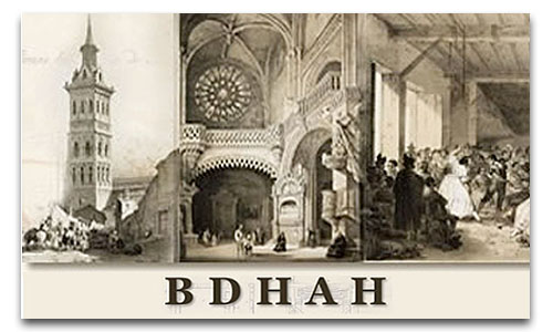 Imagen con tres ilustraciones antiguas de edificios y escenas históricas, con las siglas BDHAH destacadas en la parte inferior sobre un fondo claro.