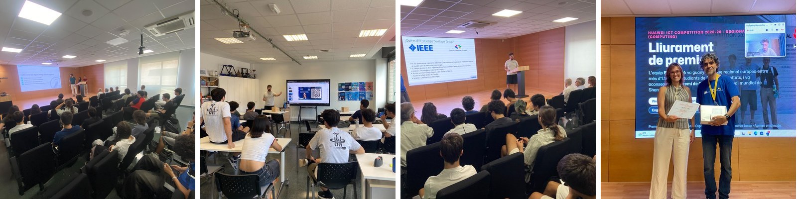 Momentos del Engineering Welcome Day 2026: Sala de Graus, taller de los UAB Open Labs, charla de la IEEE Student Branch y premio Huawei