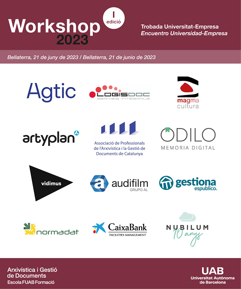 Cartell amb els logos de les empreses participants al I Workshop Universitat - Empresa en Arxivística i Gestió Documental
