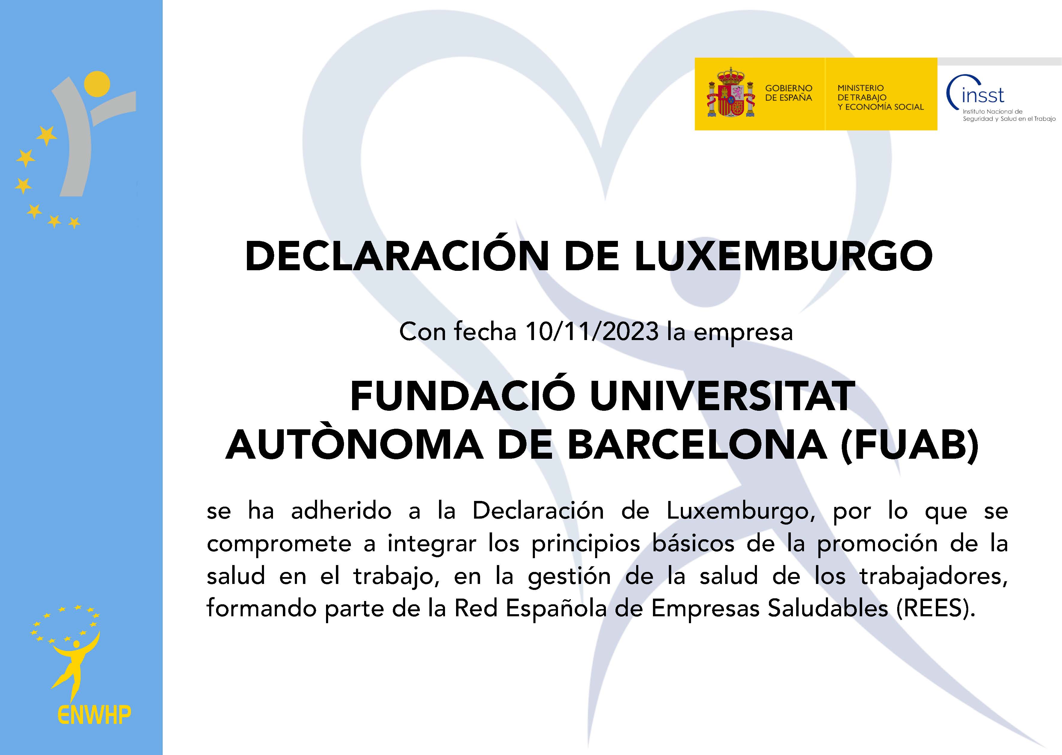 Certificat d'adhesió de la Fundació UAB a la Declaració de Luxemburg