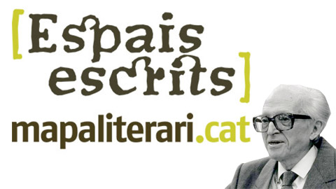 Photocomposition featuring the Espais Escrits logo alongside a black-and-white photograph of Pere Ca